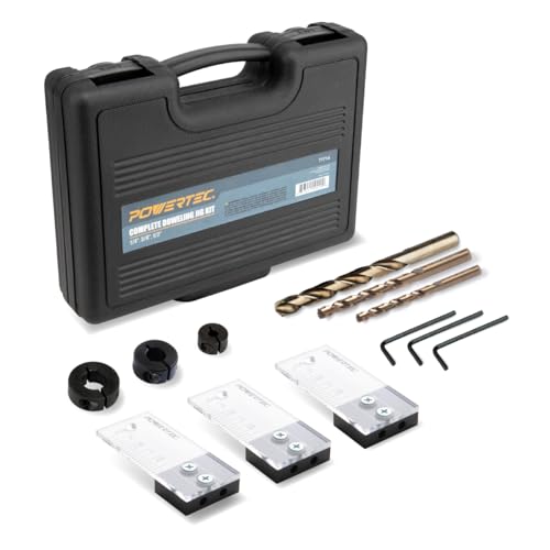 POWERTEC Complete Doweling Jig Kit w/ 1/2",3/8",1/4" Cobalt M-35 Drill Bits, Wood Dowel Jig Accessories with Depth Scale, Laser Cut Alignment Marker & Split Ring Stop Collar for Easy Alignment(71714V) - style: Complete Doweling Jig Kit (1/2", 3/8", 1/4" B