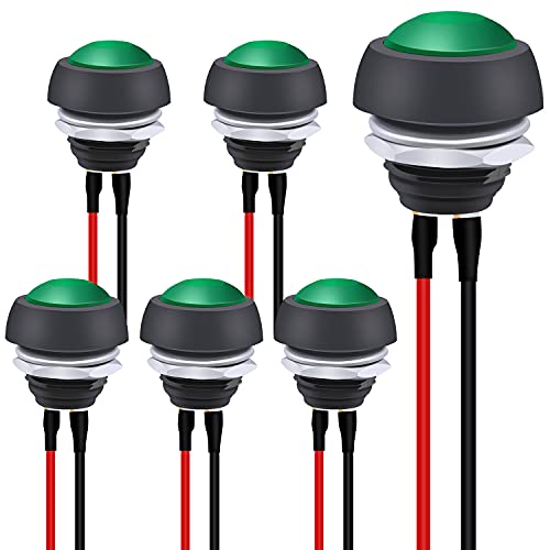 Twidec/6Pcs 12mm Momentary Push Button Switch 1/2" Mounting Hole On Off Mini Round Waterproof Green with Pre-soldered Wires PBS-33B-G-X - color: Green-12mm, size: Momentary
