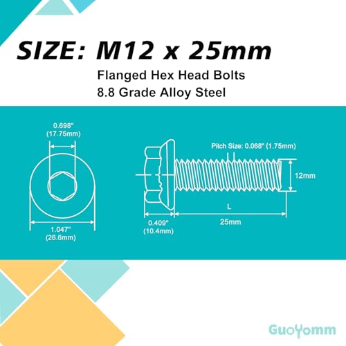 M12 x 25mm 6pcs Flanged Hex Head Bolts, M12 x 1.75 Bolts, Flange Hexagon Head Screws, 8.8 Grade Alloy Steel, Yellow Zinc Plated, Metric Fully Thread - size: M12 x 25mm(6PCS)