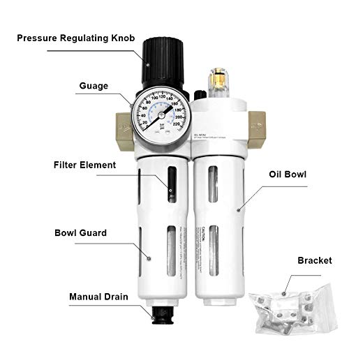 Beduan 1/2"NPT Compressed Air Filter Regulator Lubricator Combo（0-230 psi）, Air Tool Compressor Filter Water/Oil Trap Separator with Guage, Manual Drain - size: 1/2"NPT