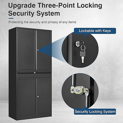 Metal Garage Storage Cabinet with Lock, Tool Cabnets with 1 Drawer - color: Black, size: 71"H x 32"W x 16"D-W