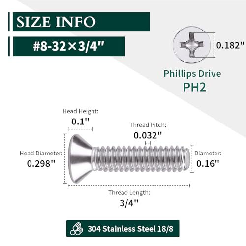 #8-32 x 3/4" Flat Countersunk Head Machine Screws, Phillips Drive, 304 Stainless Steel 18-8, Full Thread, Coarse Thread UNC, 50 PCS - size: #8-32 x 3/4"