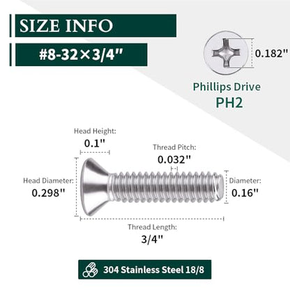 #8-32 x 3/4" Flat Countersunk Head Machine Screws, Phillips Drive, 304 Stainless Steel 18-8, Full Thread, Coarse Thread UNC, 50 PCS - size: #8-32 x 3/4"