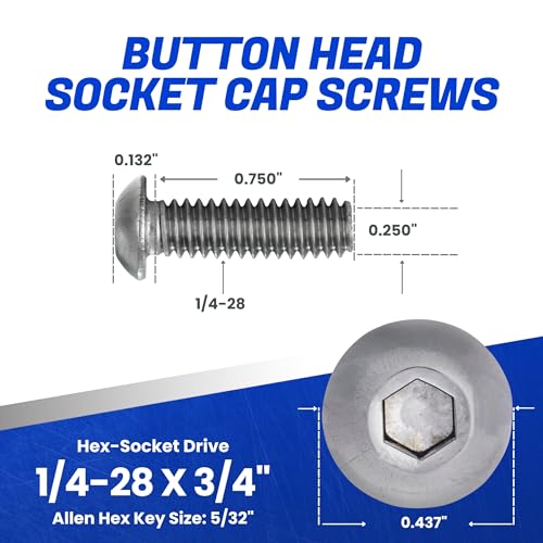Fastenere Button Head Socket Cap Screws - 1/4-28 x 3/4" (25 Pack) Stainless Steel 18-8, Full Thread, Bright Plain Finish, Corrosion-Resistant, Machine Thread, Easy to Install w/Allen Socket Drive - size: 1/4-28 x 3/4" (25 Pack)
