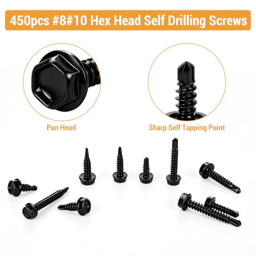 Stainless Steel Wood & Sheet Metal Screw Assortment Self-Tapping Screws (450PCS HEX Black) - size: 450PCS HEX BLACK