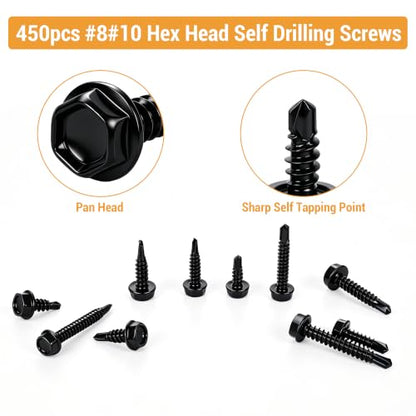 Stainless Steel Wood & Sheet Metal Screw Assortment Self-Tapping Screws (450PCS HEX Black) - size: 450PCS HEX BLACK