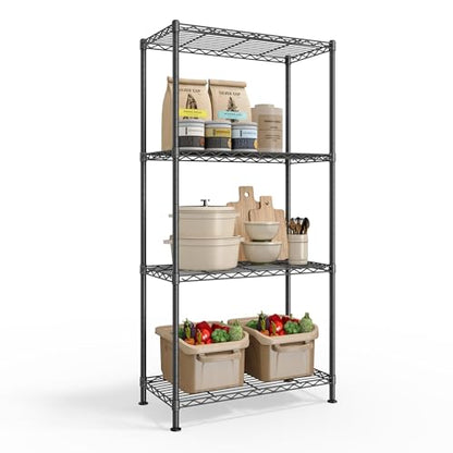 SONGMICS 4-Tier Storage Shelves, Adjustable Wire Shelving Unit, 8 Hooks - color: Ink Black, size: 4 Tiers (11.8"D x 23.6"W)