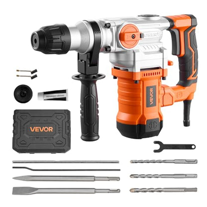 VEVOR Rotary Hammer Drill, 1-1/8 in SDS-Plus Electric Corded Heavy Duty Rotary Hammer, Including 3 Drill Bits, Flat Chisel, Pointed Chisel, Grease, Brush, and Carrying Case, for Concrete and Masonry - size: 1-1/8 in