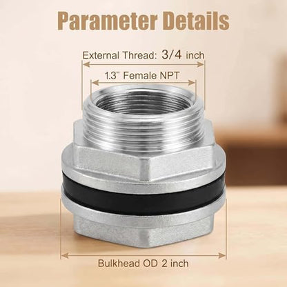 2 PCS Stainless Steel Water Tank Connector, 3/4 Inch Water Tower Fish Tank Adapter,Female Thru-bulk Fitting Bulkhead for Home & Garden - size: 3/4 Inches
