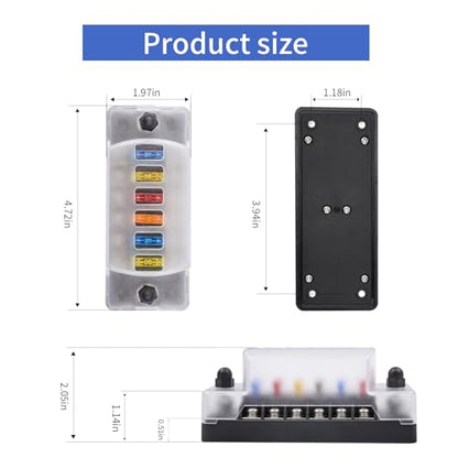6-Way 12V Fuse Box Blade, 6-Volt Fuseholder, No LED Indicator, Moisture Resistant Cover - with Ground Bus 6-Way Independent Positive Fuseholder for DC 12V/24V Cars, Car Trucks, Boats, Marine Vehicles - size: 6 Way