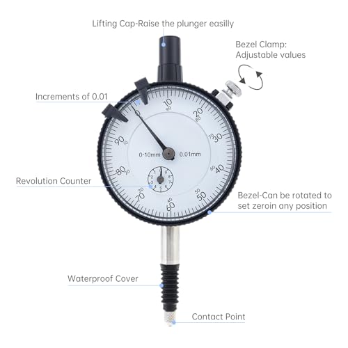 Metric Dial Indicator, 0-10 mm by 0.01 mm Precision Test Gauge, Dial Test Measuring Instrument with Waterproof Cover, Industrial Tool, Lug Back, White Dial