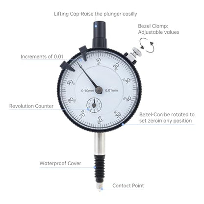 Metric Dial Indicator, 0-10 mm by 0.01 mm Precision Test Gauge, Dial Test Measuring Instrument with Waterproof Cover, Industrial Tool, Lug Back, White Dial