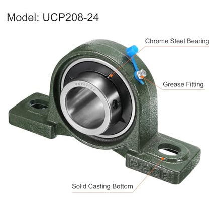 uxcell 2pcs UCP208-24 Pillow Block Bearings 1-1/2 inch Bore Self Alignment, Solid Cast Iron Base Mounted Chrome Steel Bearings - size: UCP208-24