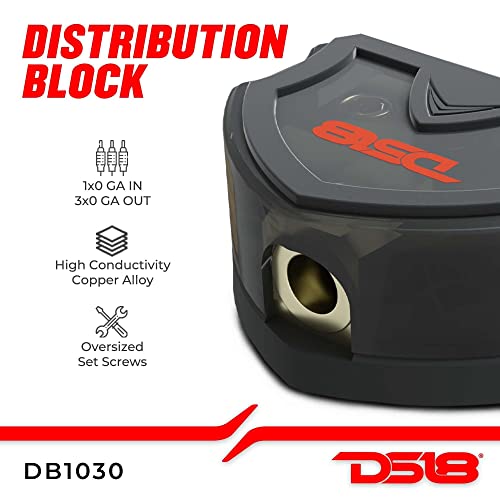 DS18 DB1030 Distribution Ground Block - 1 x 0GA in/ 3 x 0GA Out, Nickle Plated Internal Materials, High-Strength Heat Resistant Plastic Housing, Oversized Screws for Secure Connections (1 in 3 Out) - size: Single, style: 1X0GA in - 3X0GA Out