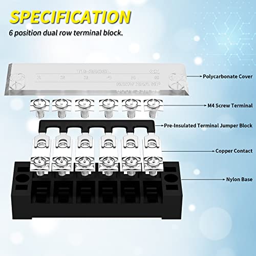 Joinfworld 35A Terminal Block 6 Position Screw Terminal Strip Dual Row with Cover & 6 Position Pre-Insulated Terminal Jumper Block - 2 Pack - style: 35A 6P