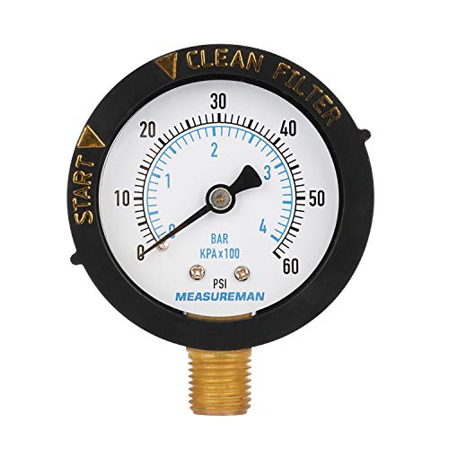 MEASUREMAN 2” Pool Filter Pressure Gauge, 60 PSI, 1/4” NPT Bottom Mount – Pool Pump Pressure Gauge for Swimming Pool, Spa, Aquarium, and Valve Filter - size: Lower 60psi/bar Start and Clean