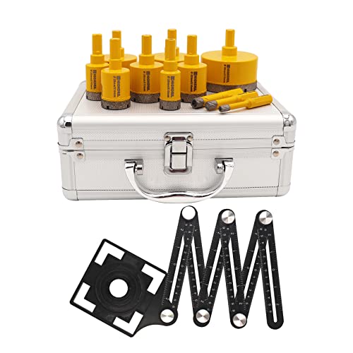 HIGHDRIL Multi Angle Measuring Ruler 5-Hole Drill Locator & Diamond Drill Bit Kit Triangle Shank for Porcelain Tile Ceramic Marble Brick Vacuum Brazed Hole Saw(6/8/10/20/25/28/32/35/45/50/65mm) - size: Shank Set3