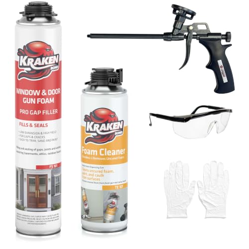 Kraken Bond Window & Door Expanding Foam Sealant - (1x24oz) Professional Gap Filling Gun Use Polyurethane Spray Foam, Low Expansion Waterproof Gap Filler, Gun&Cleaner Included - 1 Pack - size: 1 Pack