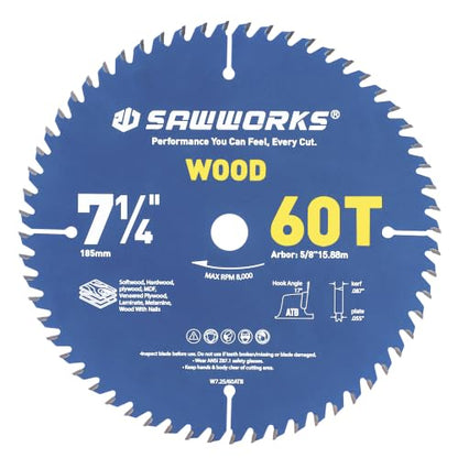 SawWorks 7-1/4" 60T Thin Kerf Circular Saw Blade Woodworking Fine Finish - size: 7-1/4 In 60T