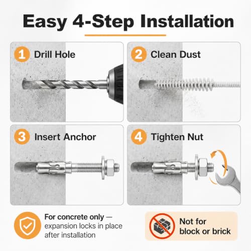 60 PCS 1/2" x 3-3/4" Concrete Anchors - Standard Heavy Duty Cement Anchor Bolts for Concrete - Metal M12 Expansion Concretes Fasteners Wall Anchors Cement