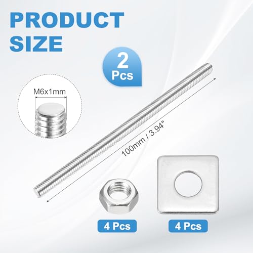 MECCANIXITY 2Set M6x100mm Fully Threaded Rod Threaded Rods Bar Studs - size: M6x100mm