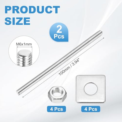 MECCANIXITY 2Set M6x100mm Fully Threaded Rod Threaded Rods Bar Studs - size: M6x100mm