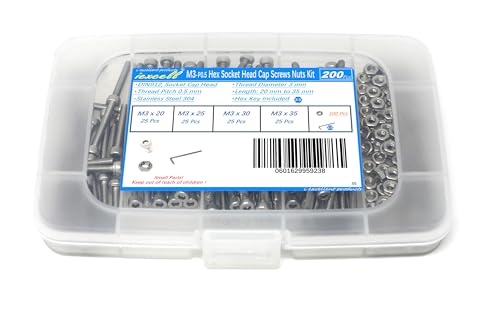 iexcell 200 Pcs M3 x 20/25/30/35 mm Stainless Steel 304 Hex Socket Head Cap Screws Bolts Nuts Assortment Kit - size: M3 x 20/25/30/35 mm
