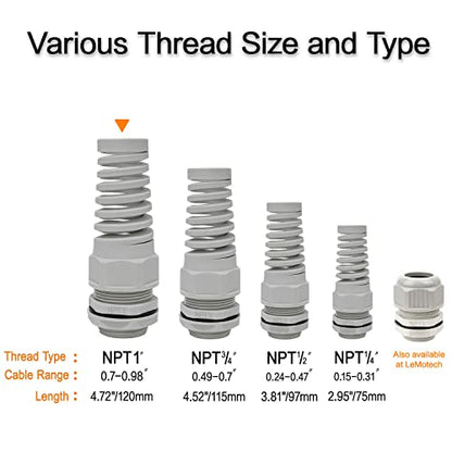 LeMotech 2Pcs NPT 1" IP68 Waterproof Cable Gland Flex Spiral Strain Relief Grey Nylon Joint with Gaskets for 18-25mm Wire Thread - color: Grey, size: NPT 1" (2-Pack)
