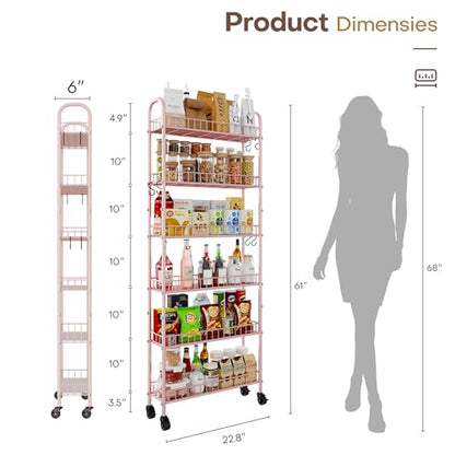 6 Tier Slim Rolling Storage Cart with Wheels, Metal Mobile Shelving Unit Organizer Utility Cart for Office Bathroom Kitchen Laundry Room Narrow Places (Pink 6 Inches) - size: Pink 6 Inches
