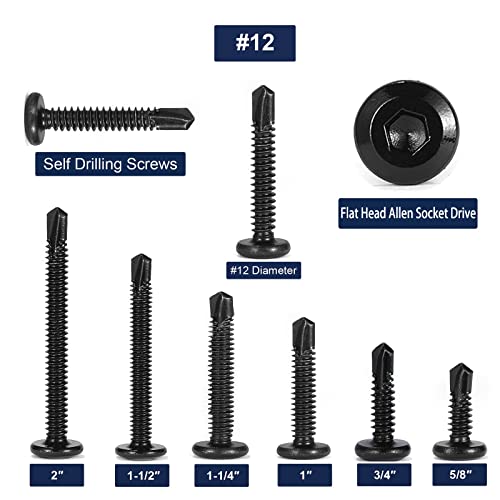 #12 x 3/4" Sheet Metal Screws 100Pcs 410 Stainless Steel Flat Head Socket Cap Screws, Tek Screws Allen Socket Drive Screws Fast Self Tapping Screws Black Oxide by SG TZH - size: #12 x 3/4"