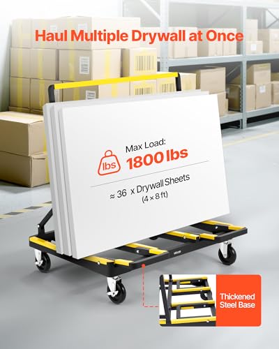 VEVOR Drywall Cart Dolly, 1800 lbs Load Capacity, Steel Panel Dolly with 4 Swivel Casters & Expandable Deck, Foldable Panel Truck Cart with Tie-Down Strap for Handling Plywood, Plasterboard, Glass