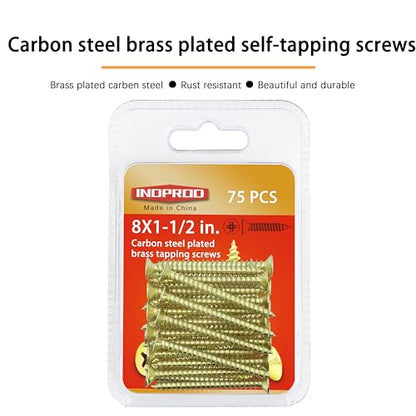 #8 x 1-1/2" Wood Screw, Phillips Flat Head Self Tapping Screws, Brass Plated Carbon Steel, Brass Plated Screws for Wood, Wood Screws #8 X 1 1/2 Inch, 75Pcs - size: #8 × 1-1/2"