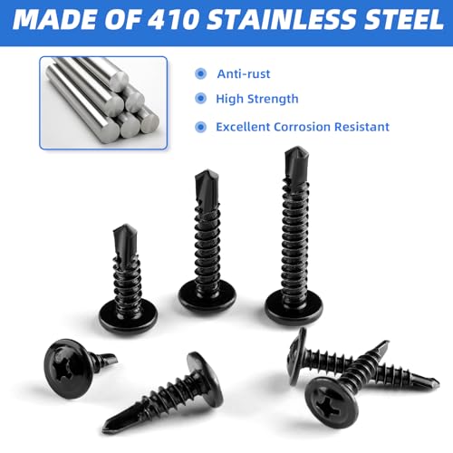 Besitu 400PCS Self Tapping Screws, 410 Stainless Steel Self Drilling #8#10 Black Oxide Sheet Metal Screw, Length 1/2" to 1-1/4'', Truss Head Wood Screws Assortment for Metal, Plastic and RV - color: Black