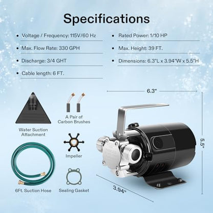 VIVOSUN 1/10HP Water Transfer Pump, 330 GPH Portable Utility Pump with Hose - size: 9"×8"-330
