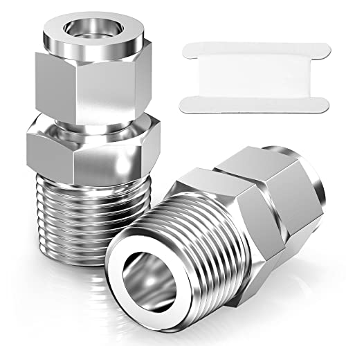 TAISHER 2PCS 304 Stainless Steel Compression Tube Pipe Fitting Connector, 3/8" Tube OD x 1/2" NPT Male Straight Adapter - size: 3/8" OD x 1/2" MNPT