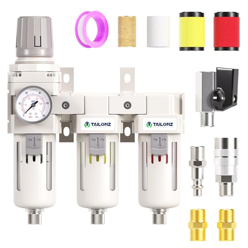 TAILONZ PNEUMATIC 0-150PSI 3/8 Inch NPT Grade 3 Stage Air Drying System, Particulate Filter, Air Filter Pressure Regulator Combo Piggyback, Air Tool Compressor Filter with Gauge (Semi-Auto Drainage） - size: 3/8 Inch NPT