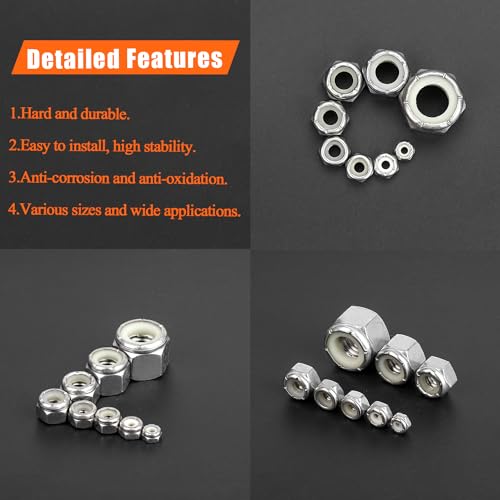 #6-32#8-32#10-24 1/4"-20 5/16"-18 Lock Nuts, HELIFOUNER 124 Pieces 5 Sizes Nylon Insert Hex Lock Nuts Assortment Kit, 304 Stainless Steel (18-8) Locknuts, Coarse Thread - size: #6-32 to 5/16"-18 (124 pcs)