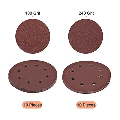 uxcell 7 Inch Hook and Loop Sanding Disc 180/240 Grit Flocking Sandpaper 8 Hole for Random Orbital Sander Paper, 20 Pcs