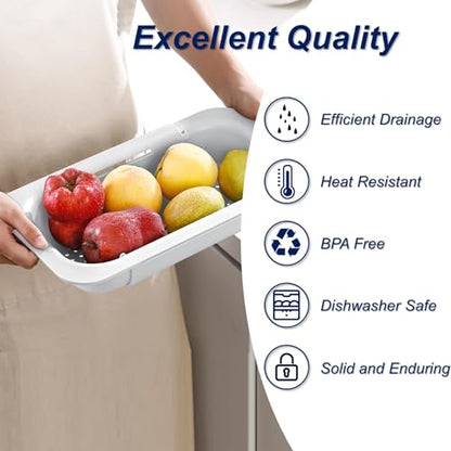 Extendable Sink Colander Strainer Basket - Wash Vegetables and Fruits, Drain Cooked Pasta and Dry Dishes - Adjustable Over the Sink Colander Collapsible Drainer Basket - White - color: White