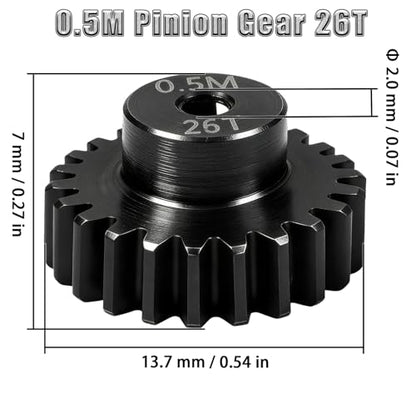 Hardened Steel 0.5M Pinion Gear 26T 2mm Shaft for RC Car/Helicopter Upgrade, Compatible with ARRMA 1/14 Typhoon 1/16 Mojave 1/18 Granite, Losi 1/12, 0.5Mod 13T-27T Gear for Brushed Brush-Less Motors - size: 26T