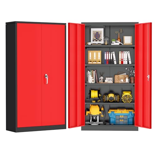 Greenvelly 72" H Metal Garage Storage Cabinet with 2 Doors and 4 Adjustable Shelves, Black Red Metal Cabinet with Lock for Office,Home, Garage, Gym, School - color: Black Red, size: 18"D x 36"W x 72"H