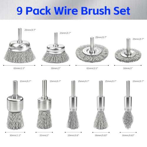 Wire Brush for Drill 9Pcs Set with 1/4 Inch Shank for Rust