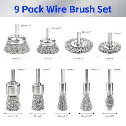 Wire Brush for Drill 9Pcs Set with 1/4 Inch Shank for Rust