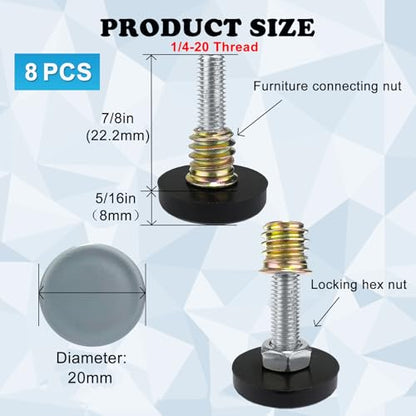 WAFJAMF 8 Pack 1/4'' Thread Leveling Feet 20mm PTFE Bottom Furniture Glides - size: 20mm Base 1/4-20x1"-8 Pack