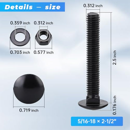 16 Sets 5/16-18 x 2-1/2" Black Carriage Bolts Screws and Hex Nuts & Flat Washers, 304 Stainless Steel 18-8, Round Head Square Neck, Full Thread Coverage - size: 5/16-18 x 2-1/2"