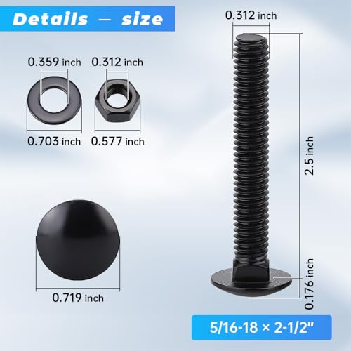 16 Sets 5/16-18 x 2-1/2" Black Carriage Bolts Screws and Hex Nuts & Flat Washers, 304 Stainless Steel 18-8, Round Head Square Neck, Full Thread Coverage - size: 5/16-18 x 2-1/2"