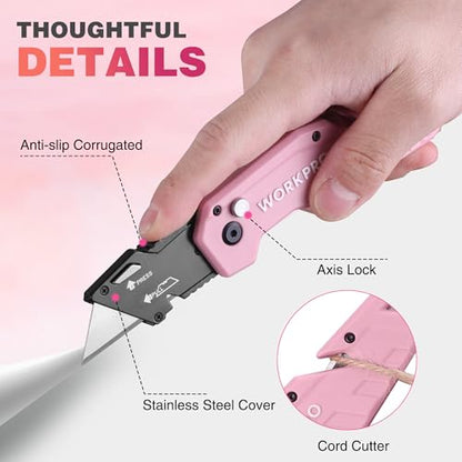 WORKPRO Folding Utility Knife, Quick Change Box Cutter, Pink - color: Pink