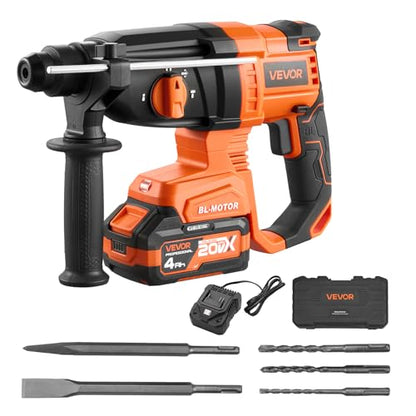 VEVOR Rotary Hammer Drill, 7/8 in SDS-Plus Cordless, 20V Battery Powered Rotary Hammer, Brushless, Including Battery, Charger, 3 Drill Bits, Flat Chisel, Pointed Chisel, Carrying Case, for Concrete - size: 7/8 in
