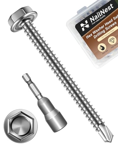 50PCS #8 x 2 Self Drilling Screws, Self Tapping Screws for Metal, 410 Stainless Steel Hex Washer Head Sheet Metal Screw, Bright Finish with 7mm Hex Socket - color: Silver, size: #8 x 2"