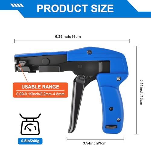 Cable Tie Gun, Die-Cast Steel Flush Cut Fastening Tool, Ergonomic and Adjustable Tension 1-3 Settings, 6.29 Inches Length for Nylon Cable Ties